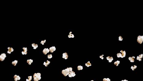 flying many popcorns on black background. white salty popcorn. healthy food. corn seed. 3d loop animation of popcorn rotating.