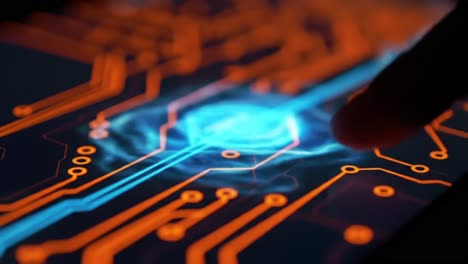 futuristic interface interaction: a close-up of a human finger engaging with a digital circuit pattern emitting glowing blue energy on a screen