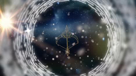 Animation of saggitarius star sign over universe and glowing stars