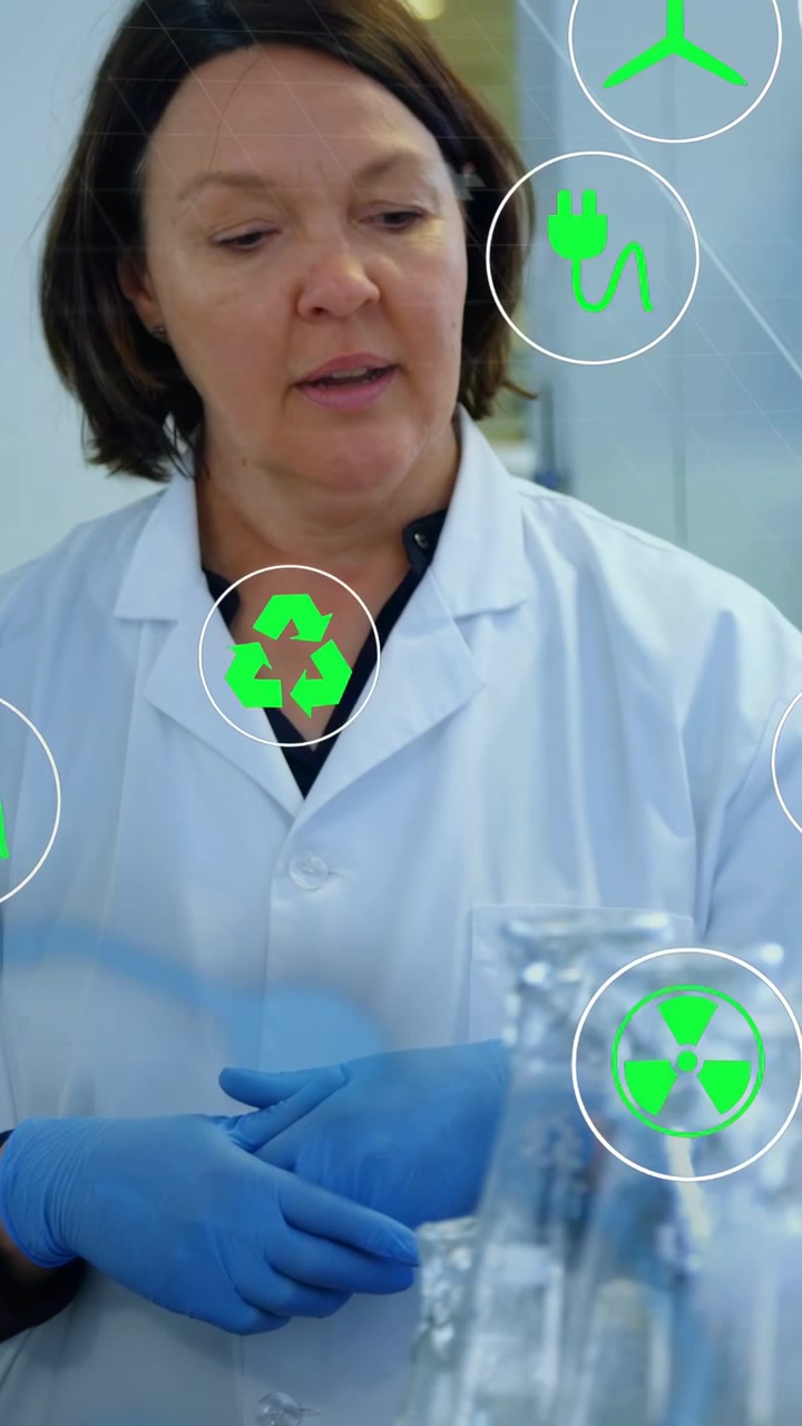 Video vertical: Técnico de la izquierda observando al técnico de la derecha revisando un vaso de precipitados, mientras iconos verdes flotan para la seguridad en el laboratorio.