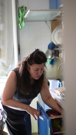 mujer abriendo un cajón en una cocina