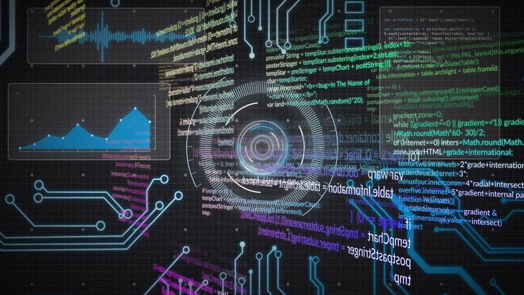 Animation of data processing over motherboard network and circular scanner, on black
