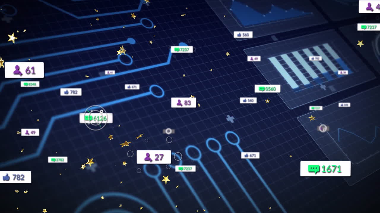 Animation of digital circuit board with data points on blue grid background