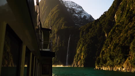 view from cruise ship on majestic stirling falls milford sound fjord new zealand