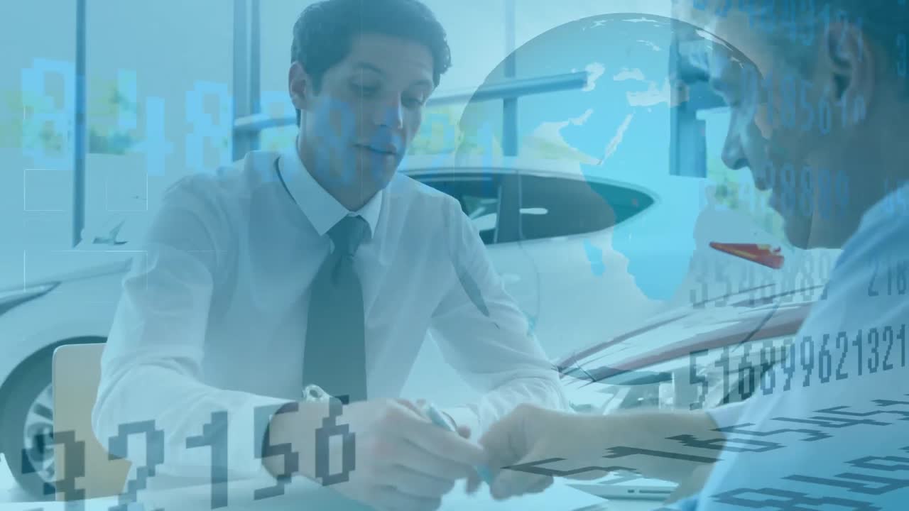 animazione di elaborazione dei dati e globo che gira sopra due uomini caucasici che scrivono e si stringono la mano