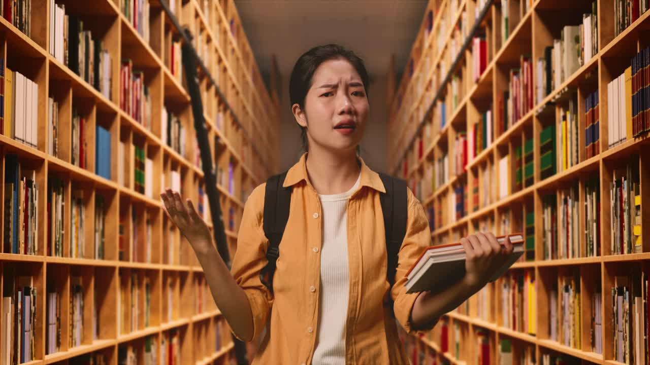 preguntándose estudiante mujer asiática con una mochila y algunos libros de pie con dudas diciendo por qué en la biblioteca