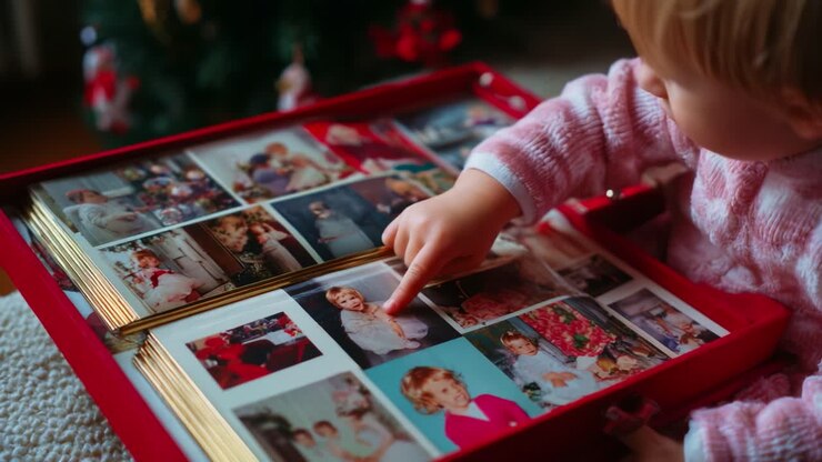 Un bambino piccolo che esplora una collezione di fotografie di famiglia, interagendo con i ricordi attraverso il tatto e la scoperta, seduto comodamente in un ambiente interno accogliente, circondato dall'allegria e dalla nostalgia delle feste.