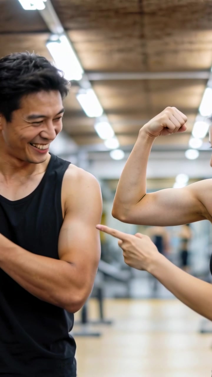 Vertical video: Flexing woman starting bicep duel with guy laughing in gym in dark tops near racks