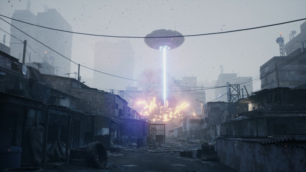 An unidentified flying object blasts the city slums with an alien weapon. The apocalypse that was set up by alien invaders. The animation is ideal for apocalyptic, sci-fi and space backgrounds.