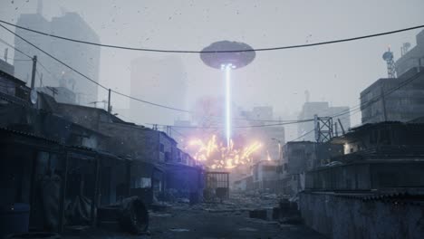 an unidentified flying object blasts the city slums with an alien weapon. the apocalypse that was set up by alien invaders. the animation is ideal for apocalyptic, sci-fi and space backgrounds.