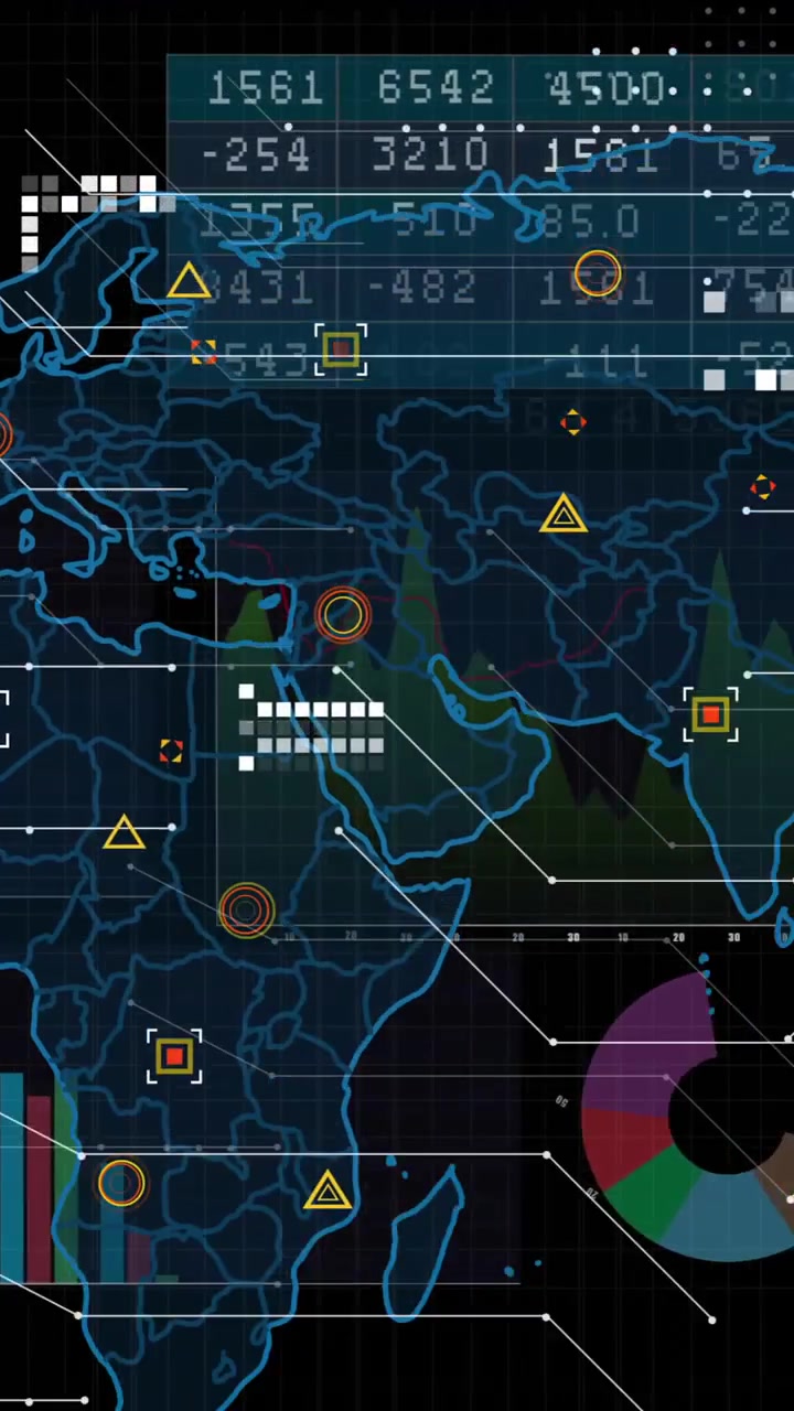 Animation of financial data processing and world map over black background