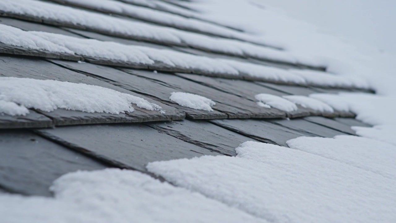 Shifting camera focusing on sloped slate roof on rooftop, showing snow texture, melt drops