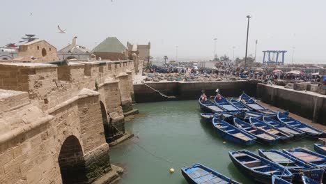 High-angle-view-of-harbor-at-Essaouira,-Morocco,-from-the-fortress