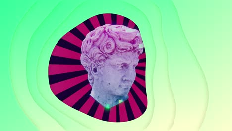 animation of antique head sculpture over stripes on green background