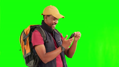 Green-screen,-travel-and-black-man-with-phone