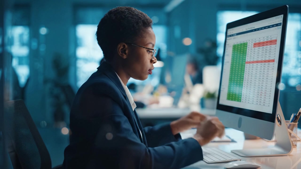 Focused Professional Analyzing Data on Computer Screen in Modern Office Environment, Task-Driven and Engaged in Work, Surrounded by Colleagues