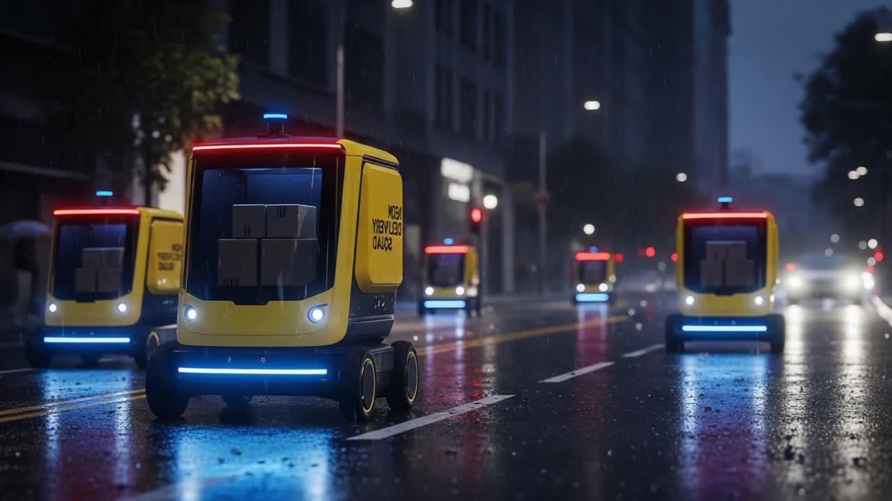 Autonomous Delivery Robots Navigating Through Rainy Urban Streets, Ensuring Efficient Package Distribution with Modern Technology Under Night Lights