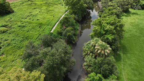 aerial reverse reveal of city park and the city of new orleans