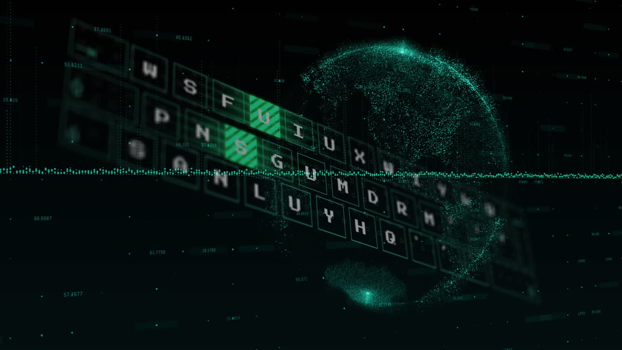 Animation of graphs, moving pattern on keyboard, changing numbers and globe over black background
