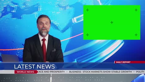 live news studio with handsome male anchor reporting on a story, uses green chroma key screen placeholder copy space.television newsroom channel with professional presenter