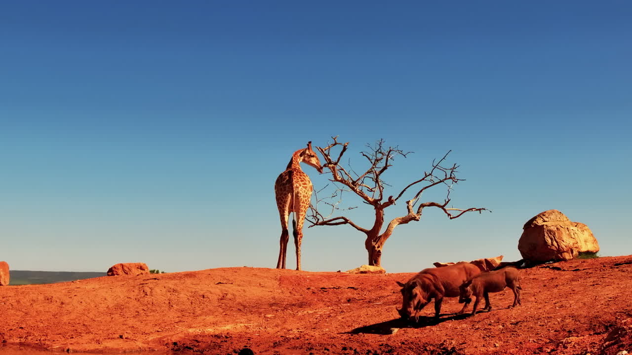 Eine Giraffe und Warzenschweine besuchen an einem sonnigen Tag eine Wasserstelle mit rotem Boden