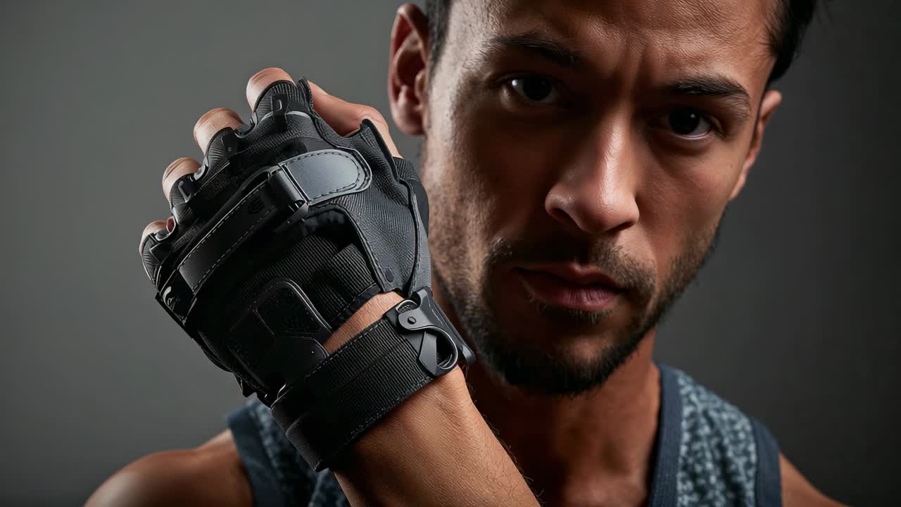 Camera starting, adult male wearing tank top adjusting gloved fist in studio, showing Velcro buckle