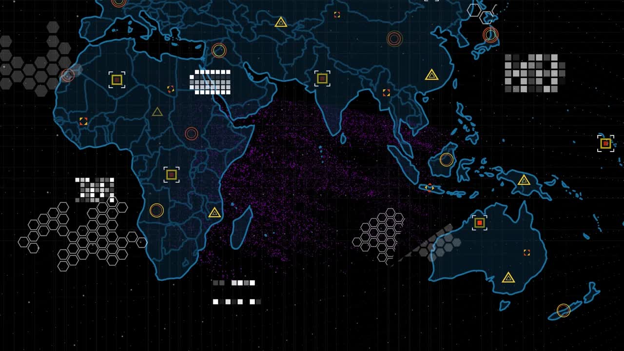 Animation of data processing with world map over black background
