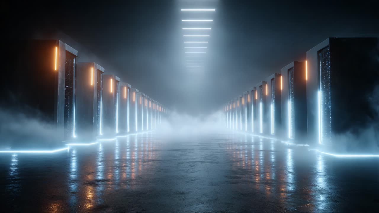 Futuristic Corridor with Illuminated Panels and Misty Atmosphere, Showcasing a High-Tech Environment Filled with Advanced Technology and Neon Lights