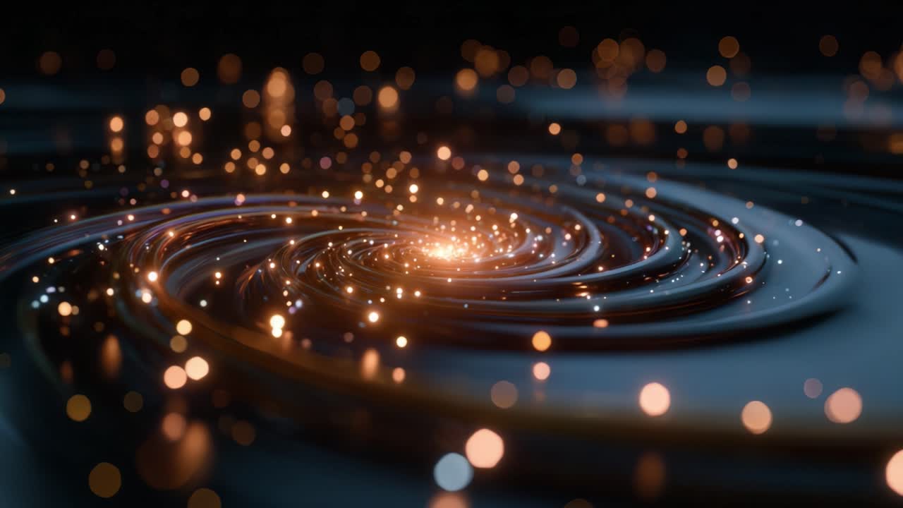 A mesmerizing swirl of sparkling particles captivatingly contrasts against a dark background, creating a stunning visual of dynamic energy and cosmic elegance