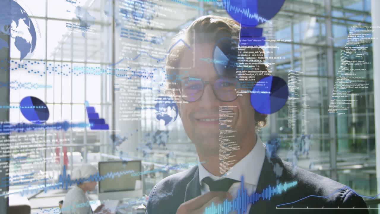 Animasjon av grafer, glober og dataspråk, smilende mann som justerer slipset på kontoret
