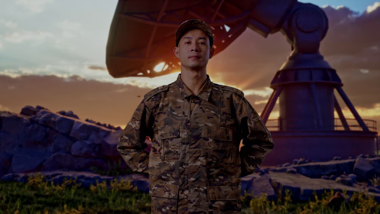 Asian Army Soldier Standing Against With Satellite Dish. Brave Young Servicemen Wearing Camouflage Military Uniform