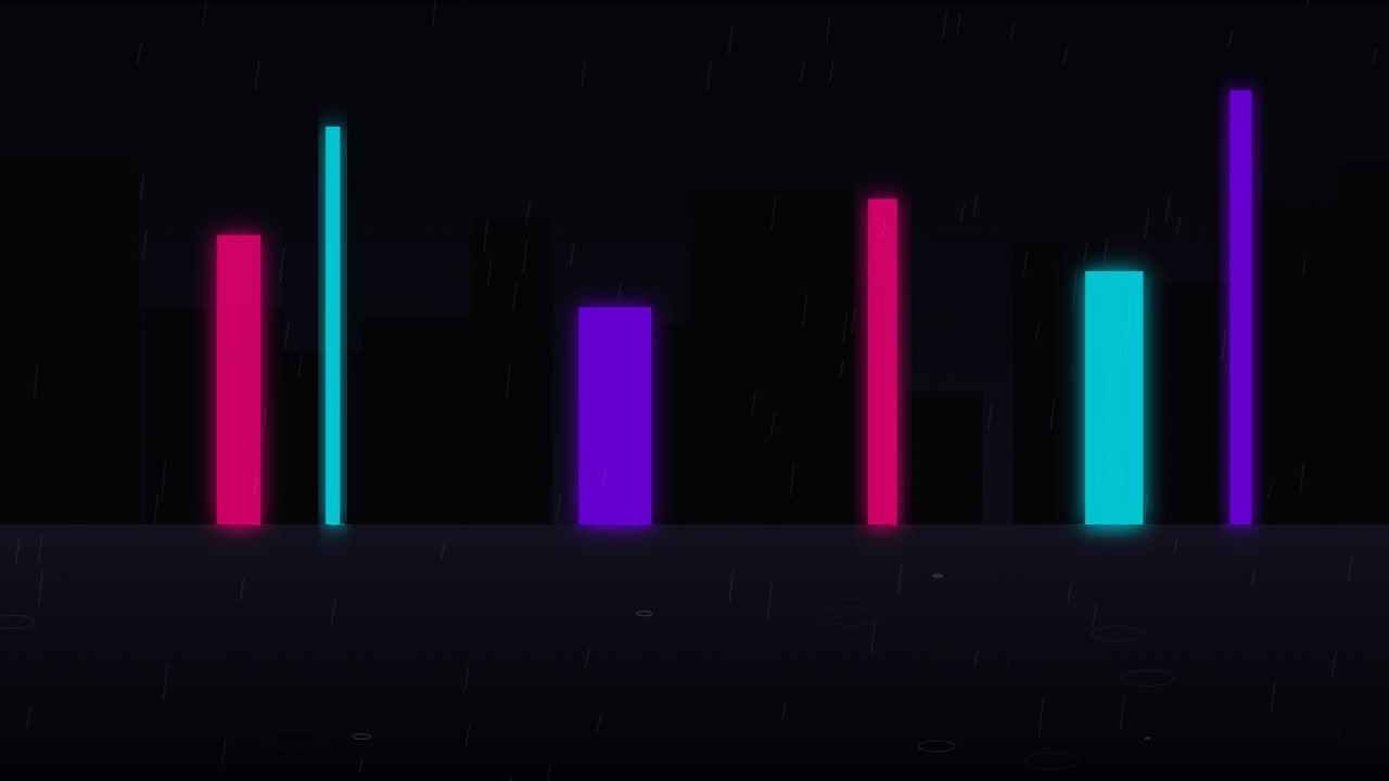 Neon City Skyline Silhouette with Falling Rain at Night