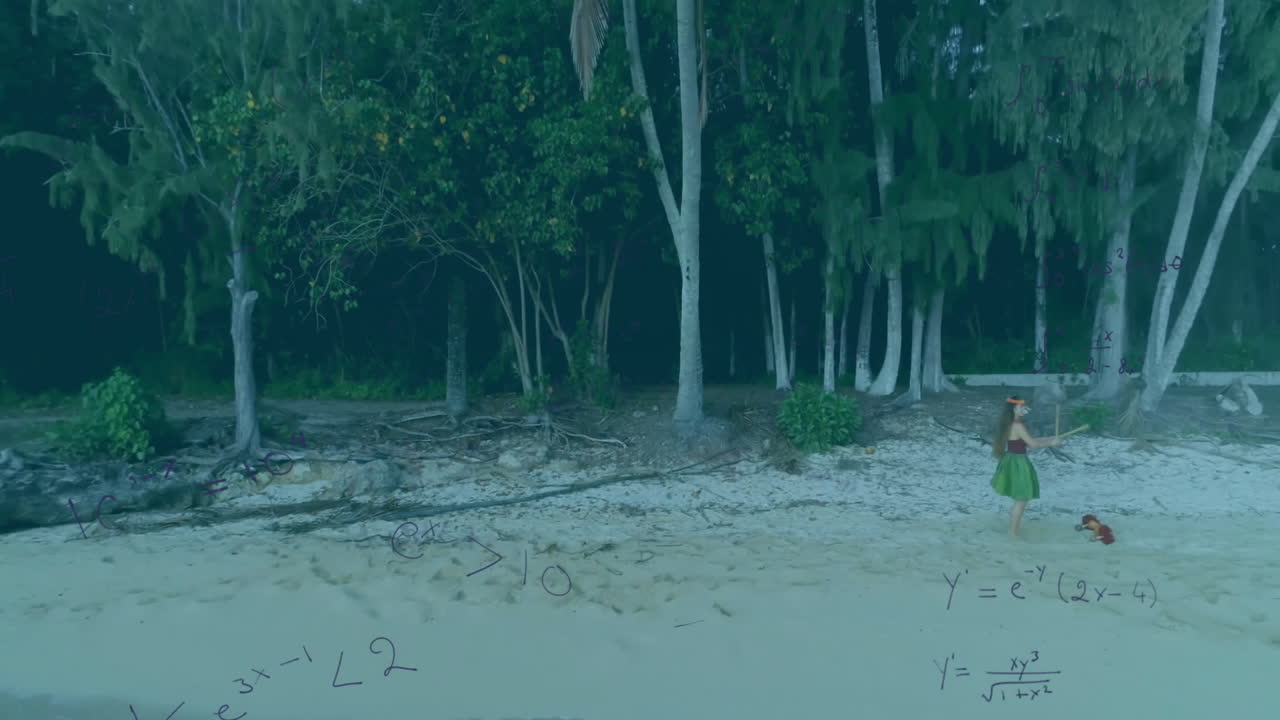 woman performing hula dance on tropical beach with animated math equations floating for education