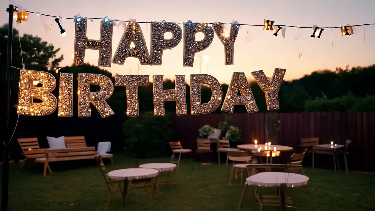 decoraciones de la fiesta de cumpleaños en un patio trasero por la noche
