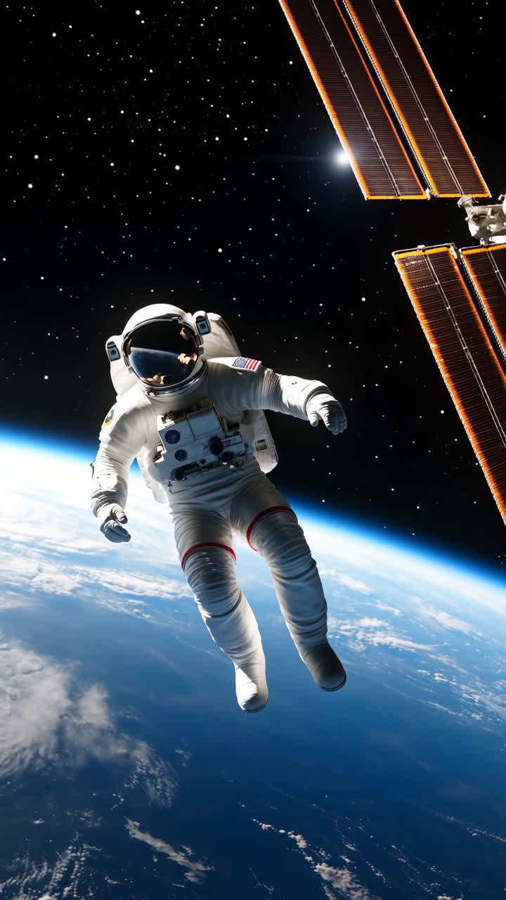 Astronaut Floating in Space with Earth and Space Station Solar Panels