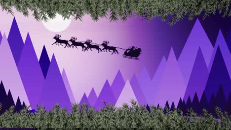 Animation-of-santa-claus-in-sleigh-with-reindeer-over-winter-landscape-and-moon