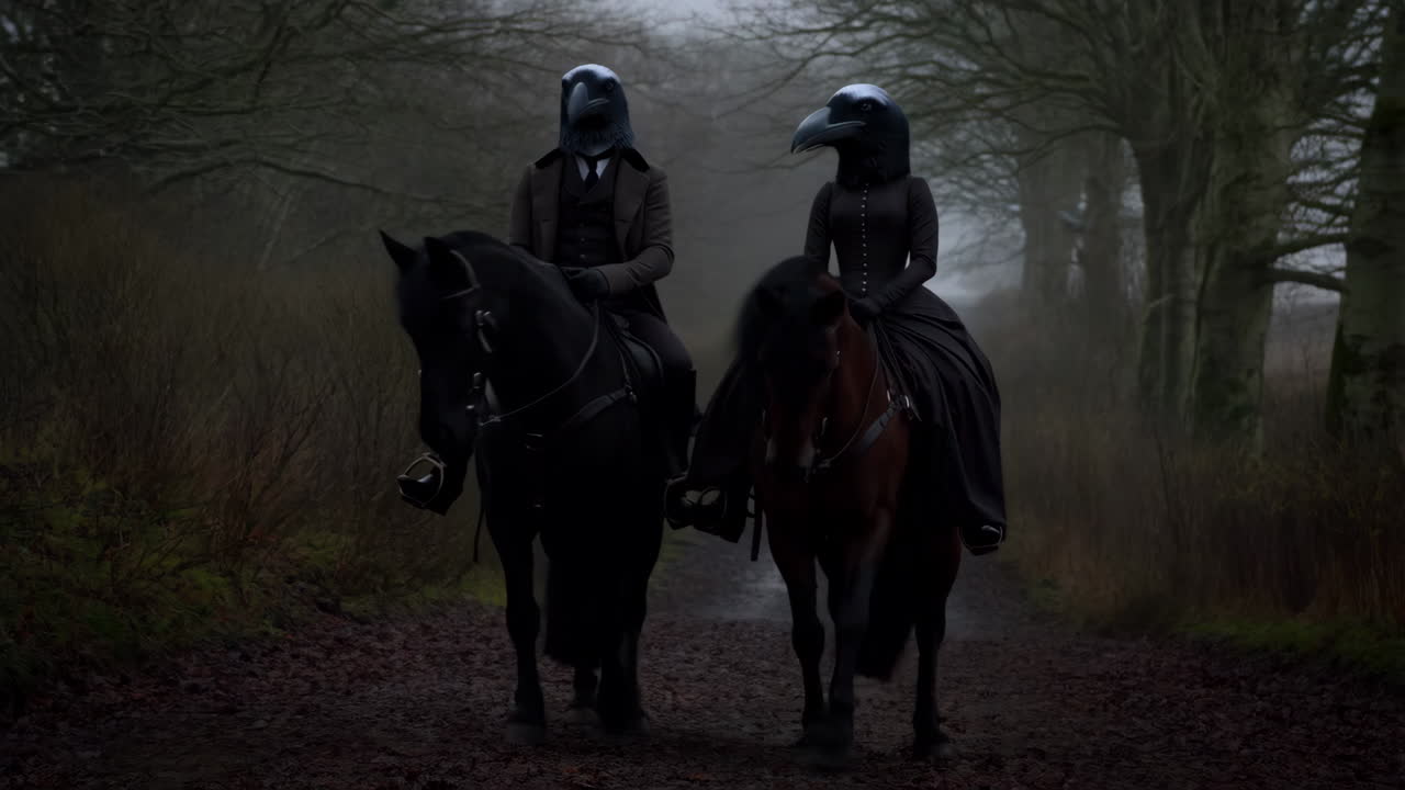 Misteriosos Cavaleiros com Cabeça de Corvo a Cavalo em uma Floresta Nebulosa