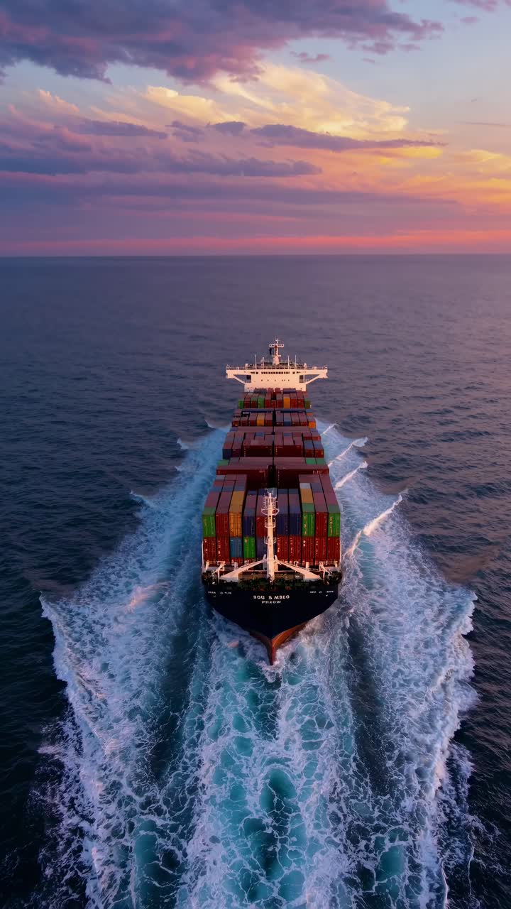 Aerial view of a cargo ship navigating through ocean waves at sunset, perfect for a video on global