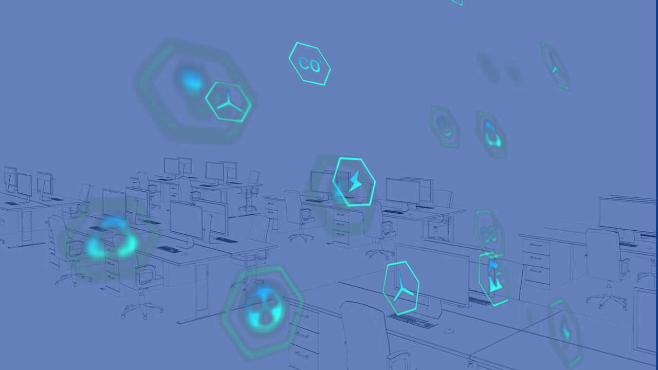 Animation of sustainable icons over 3d model of digital workplace in office