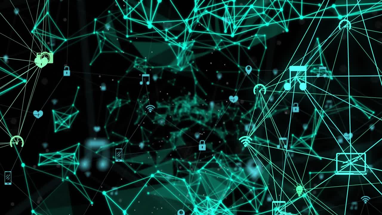 Animation of glowing network of digital icons and plexus networks against black background