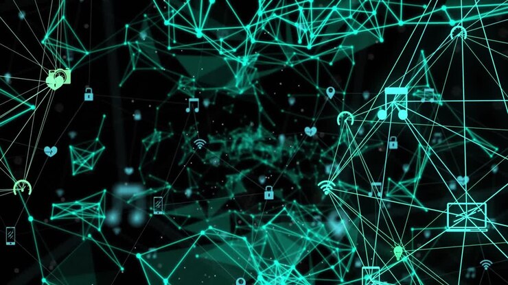 Animation of glowing network of digital icons and plexus networks against black background