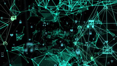animación de una red brillante de iconos digitales y redes de plexo contra un fondo negro.
