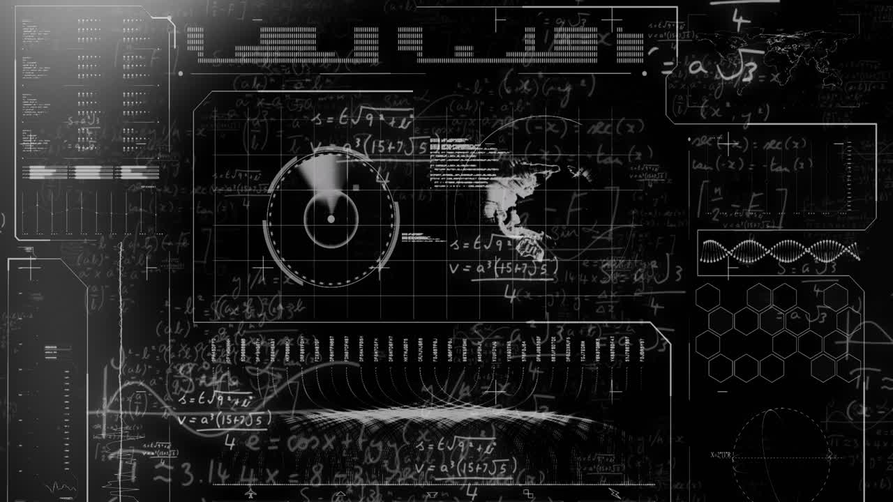 Digital video depicts VHS glitch, equations, and cyber security in green and black