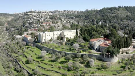 ein karem aerial view, village almond trees, jerusalem