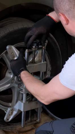 Man performing wheel alignment on a car