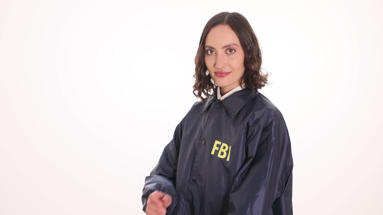 Donna con giacca dell'FBI in posa in studio