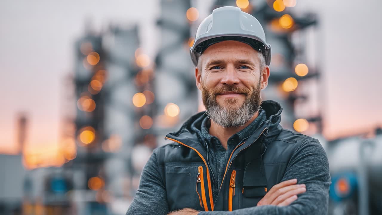 Confident Construction Professional Smiling Against Background of Industrial Structures at Sunset, Showcasing Industry Expertise and Safety Commitment