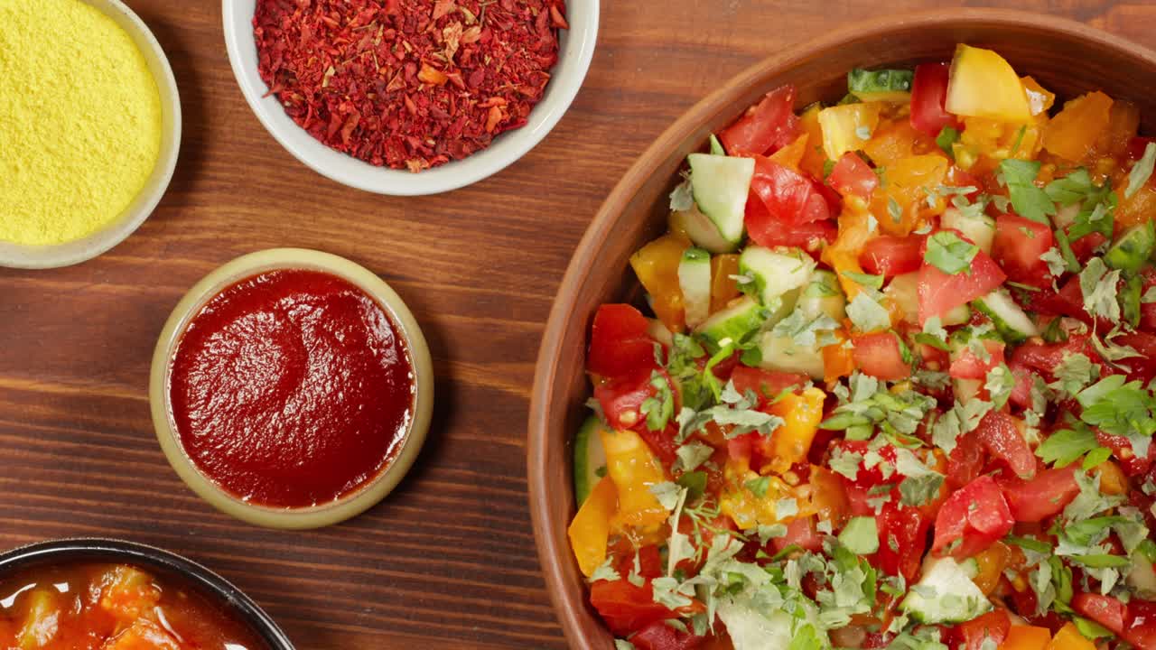 cocina marroquí vista superior. ensalada de verduras, comida vegetariana. cultura de oriente medio. concepto de aperitivo frío. cuencos con especias y salsas.