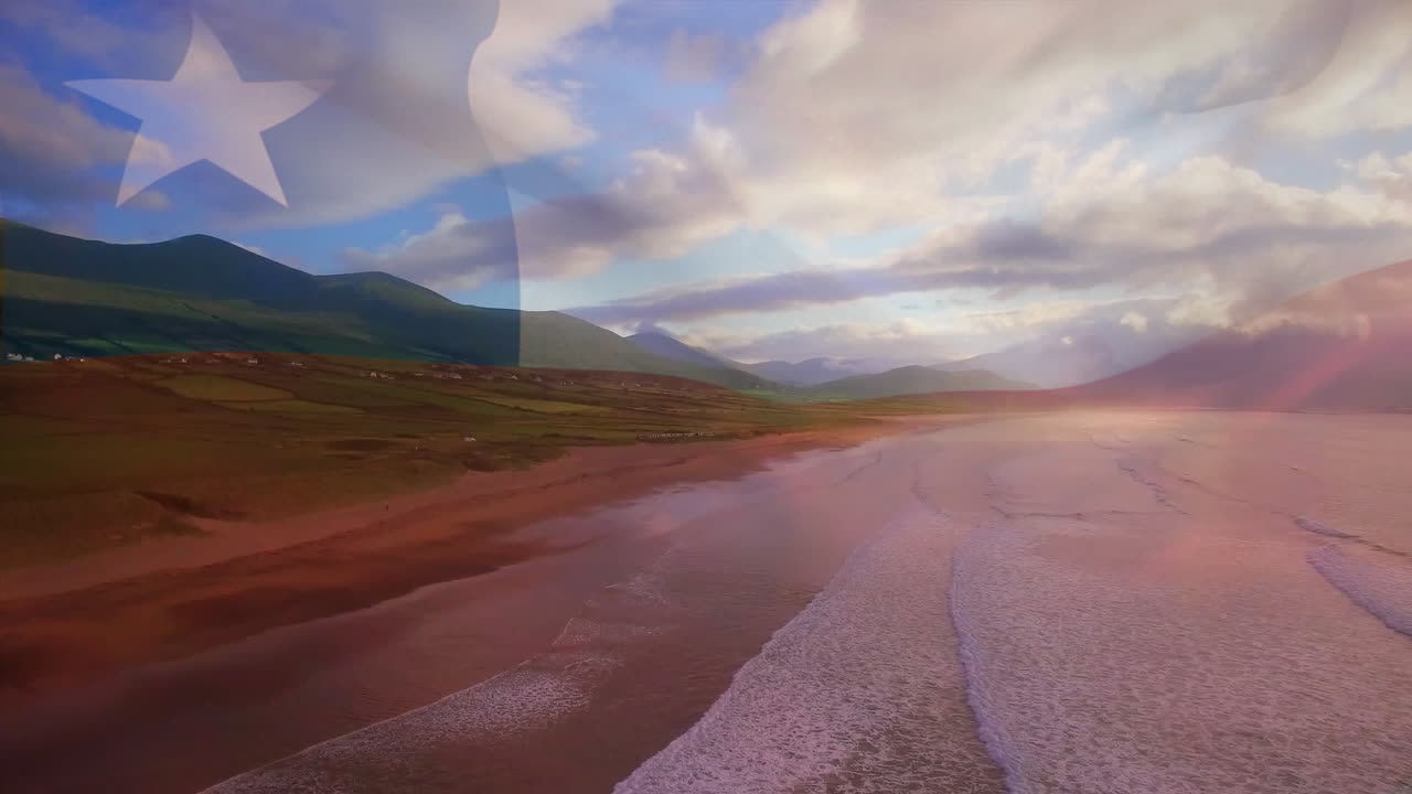 칠레의  ⁇ 발이 바다 풍경 위에서 날아다니는 애니메이션