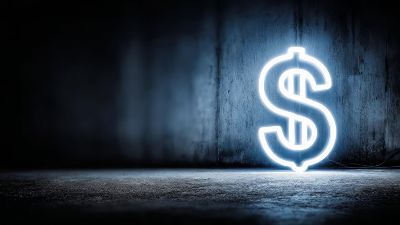 Un sorprendente simbolo del dollaro al neon illumina lo spazio oscurato, simboleggiando ricchezza, prosperità e potere economico in un ambiente minimalista